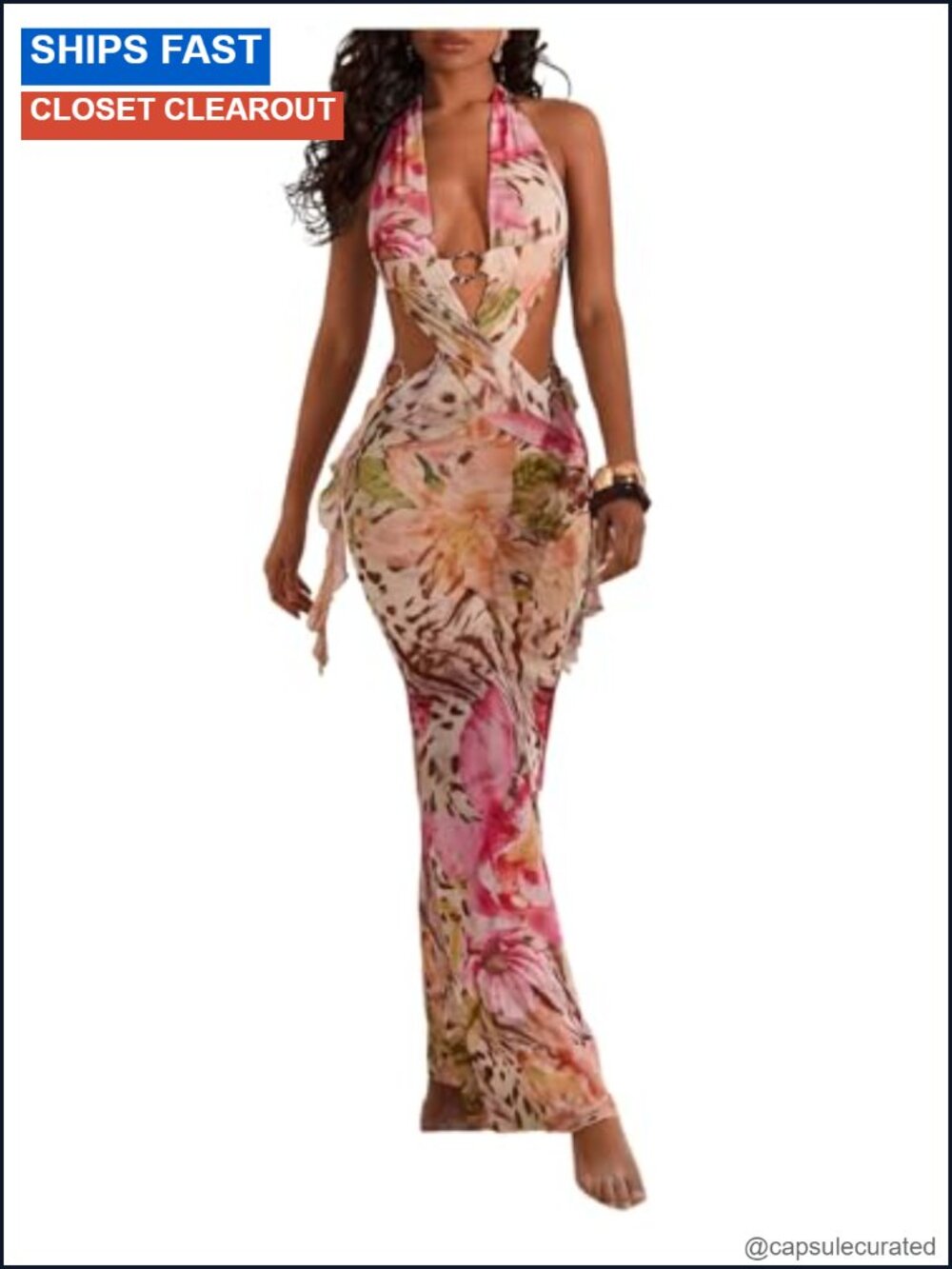 WDIRARA Halter Cut Out Bodycon Dress High Slit Ruffle Backless Club Night Out